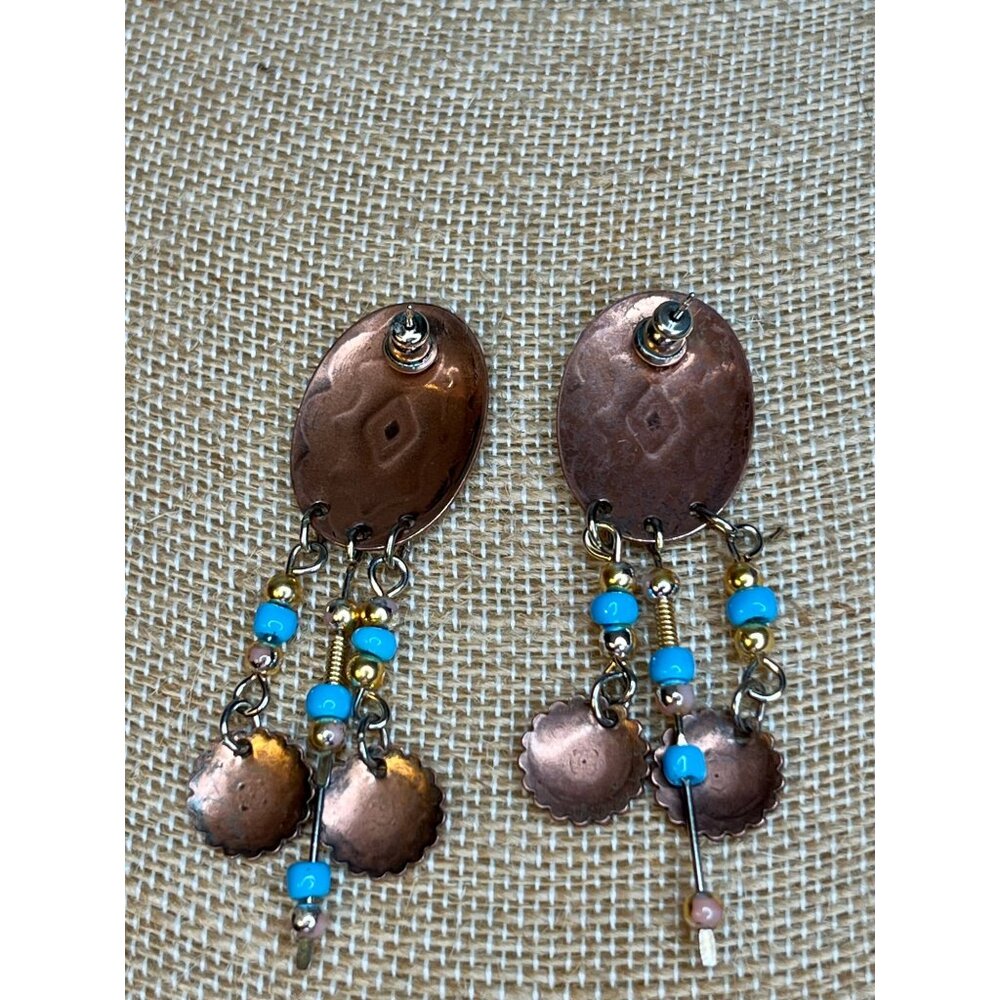Vintage Copper & Turquoise Beaded Dangle Earrings With Geometric Design & Tribal - Picture 8 of 11